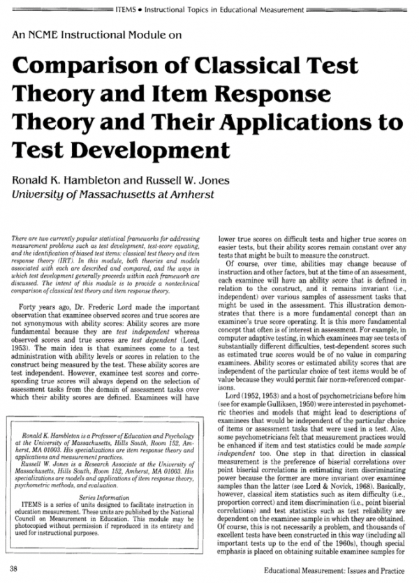 Comparison Of Classical Test Theory And Item Response Theory And Their ...